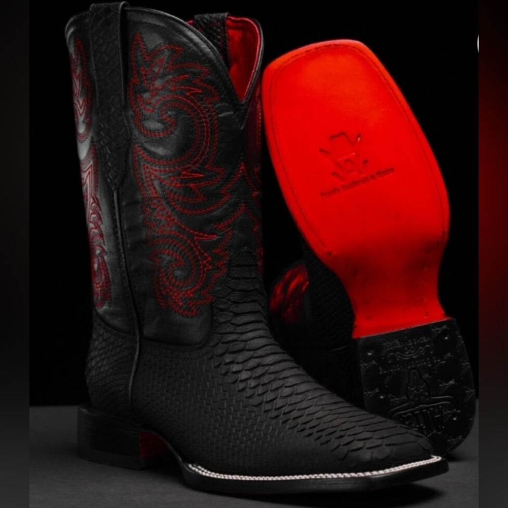 Python Black with red bottoms leather squared toe western boots
